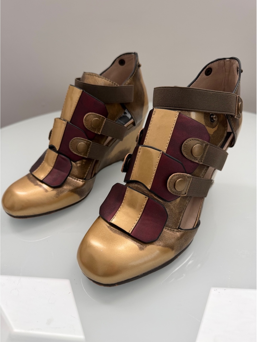DC Comics Wonder Woman gold burgundy strappy wedge heels